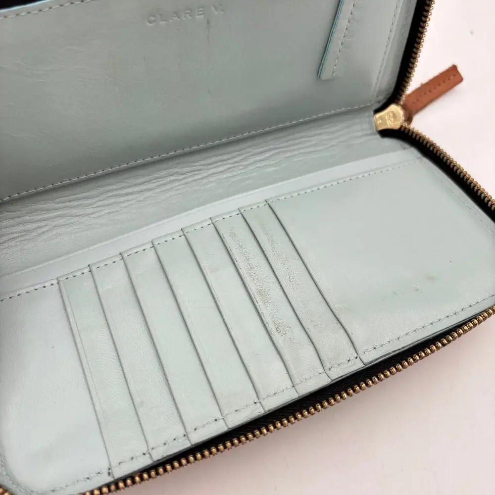Clare V. Continental Printed Stripe Wallet Leather Tan Initial Logo Minimalist